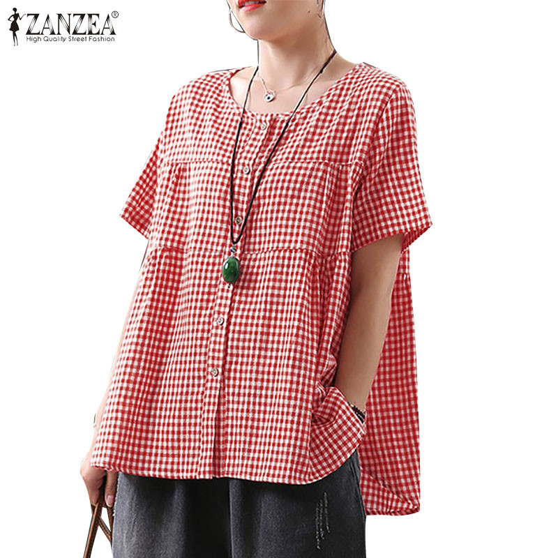 ZANZEA Women Korean Casual Grid Printed O-Neck Short Sleeve Multi Layer ...