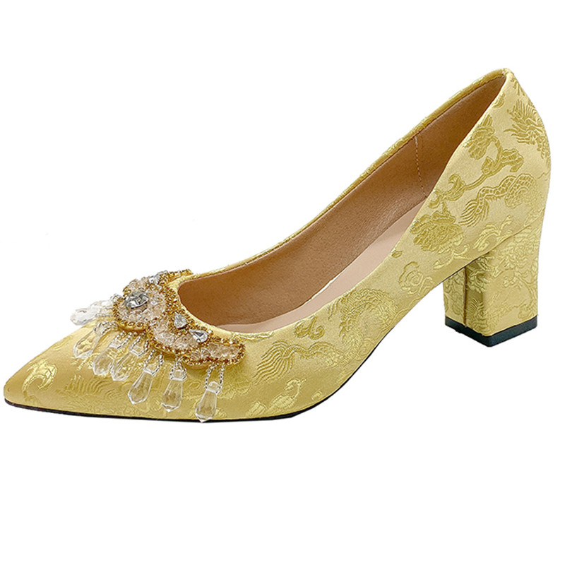 IELGY 2024 Golden High Heels Female Pointed Toe Low Heel Yellow Wedding Shoes Female Pregnant Women Shopee Singapore