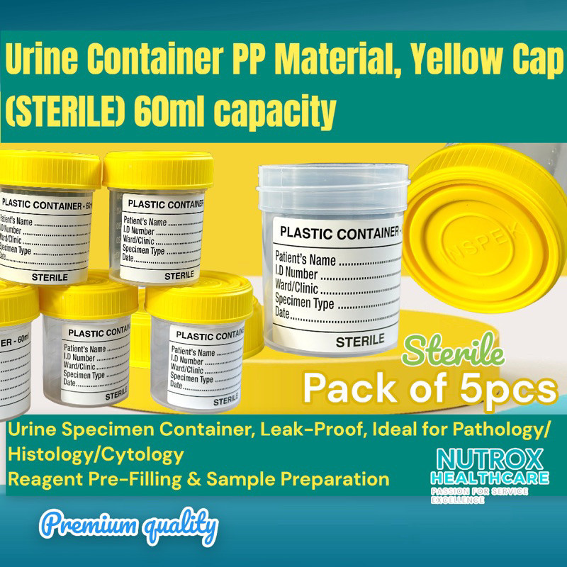 5pcs Sterile Urine Specimen Sterile Container Yellow Cap 60ml, PP ...