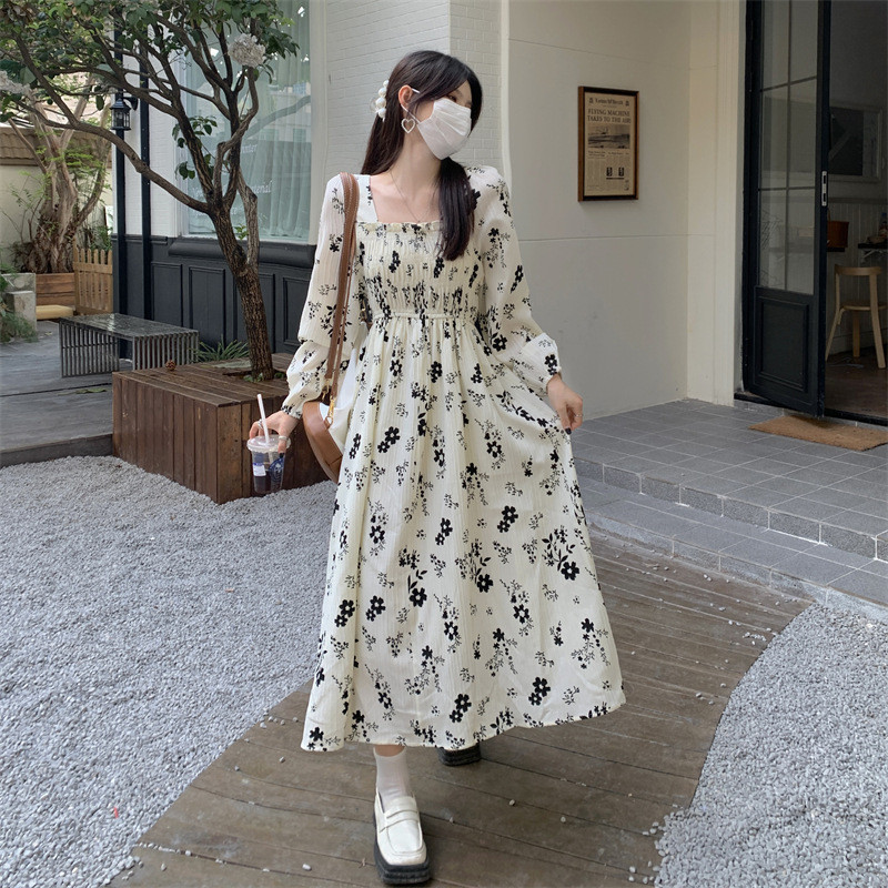 French Style Retro Floral Print Long Dress Women Clothing Women's Autumn/winter  Long Sleeve Square Collar Elegant Slimming Dress Vestidos Fashion Female |  Shopee Singapore
