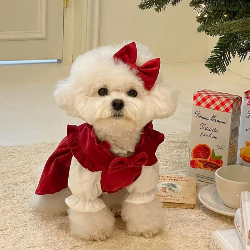 Winter Dog Christmas Costume Red Pet Clothes for Shih Tzu Bow-knot Dog Dress  Cute Cat Outfit Puppy Gown | Shopee Singapore