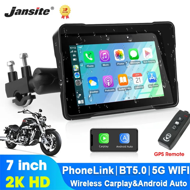 Écran Moto CarPlay/Android Auto Sans Fil 5 Pouces étanche - Navigation GPS, Commande Vocale Siri/Google, Compatible Bluetooth (Jansite)