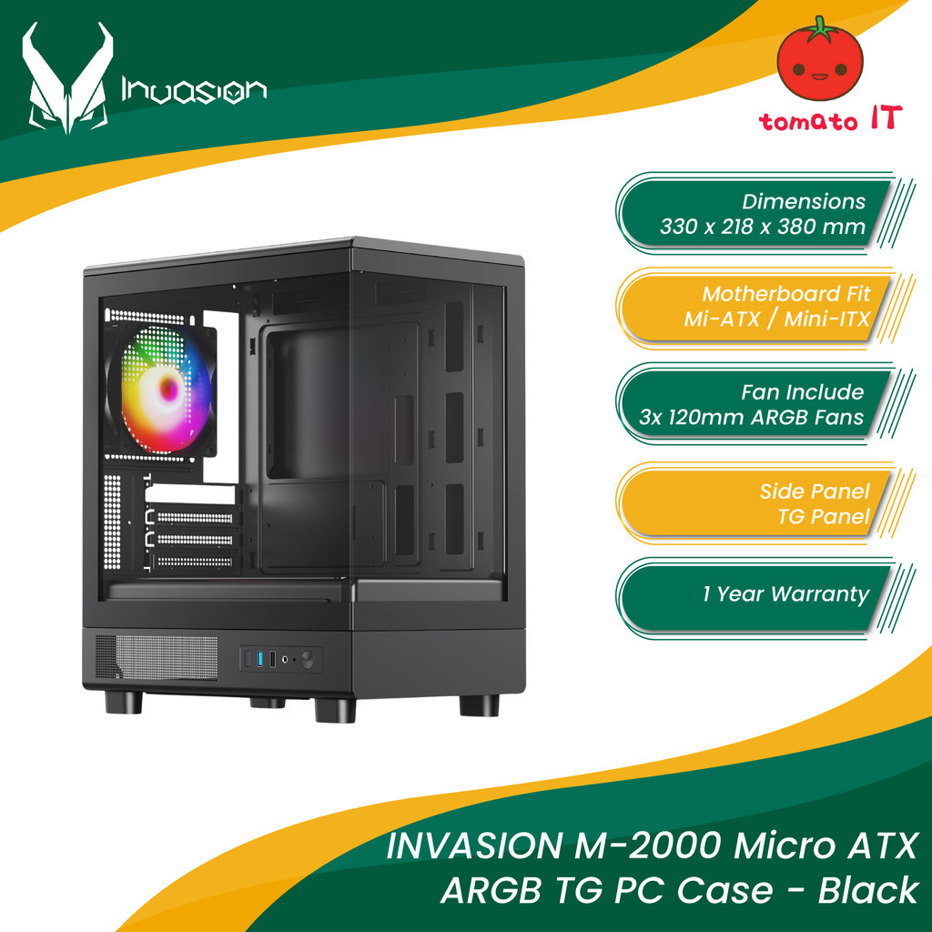 INVASION M-2000 Micro-ATX TG PC Case with 3x ARGB 120mm Fan - Black ...