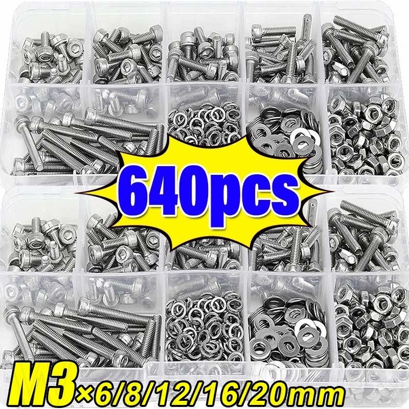 640/320Pcs M3*6/8/12/16/20mm Screws & Nuts - Stainless Metric Bolts ...