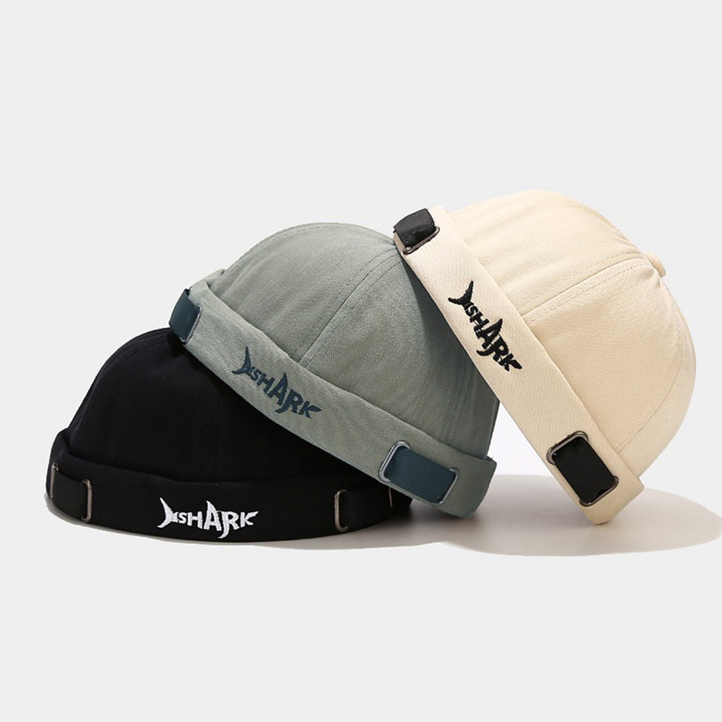Shark Embroidered Letters Sailor Cap Brimless Hat Docker Hat Vintage