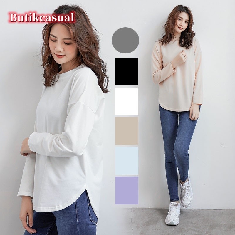 Women Cotton Long Sleeve Plain Bottom T-shirts Basic plus size T-shirt ...