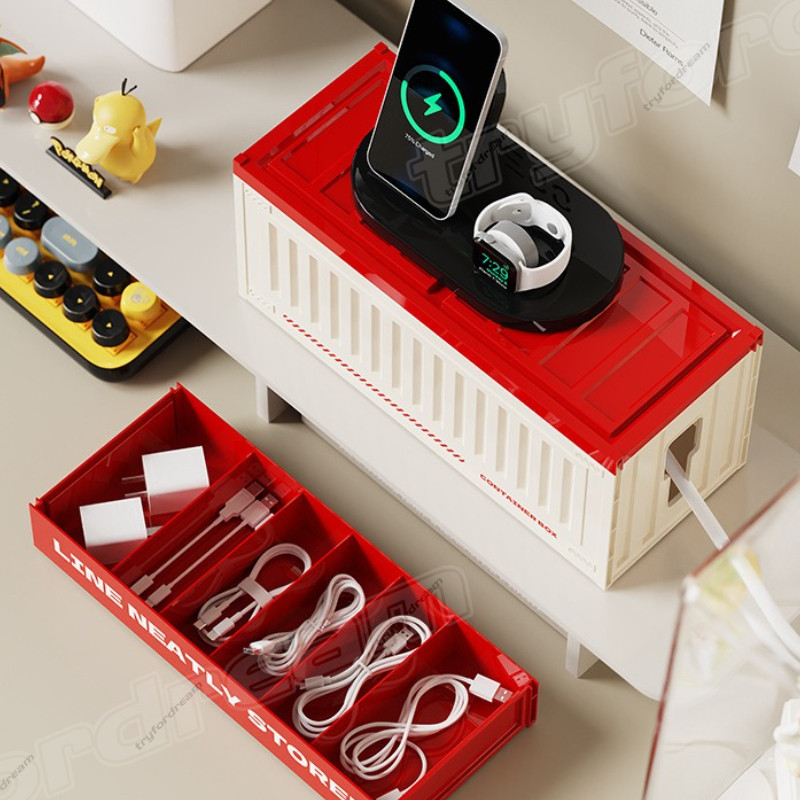 Double Layer Cable Organizer With Cover Desktop Socket Charger Plug 