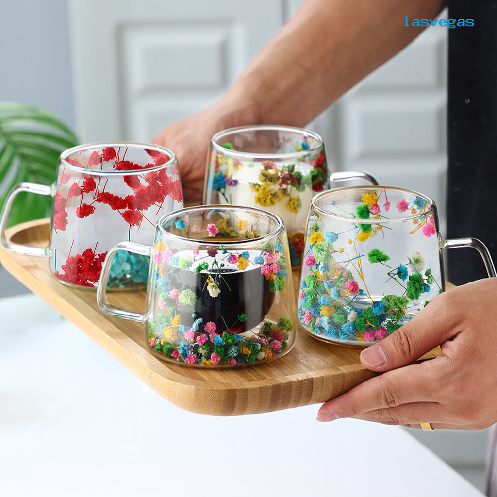 LAS200ML Double Walled Glass Cups with Real Dried Flowers Heat Resistant  Clear Coffee Mugs Floral Design Tea Cups for Elegant Sipping