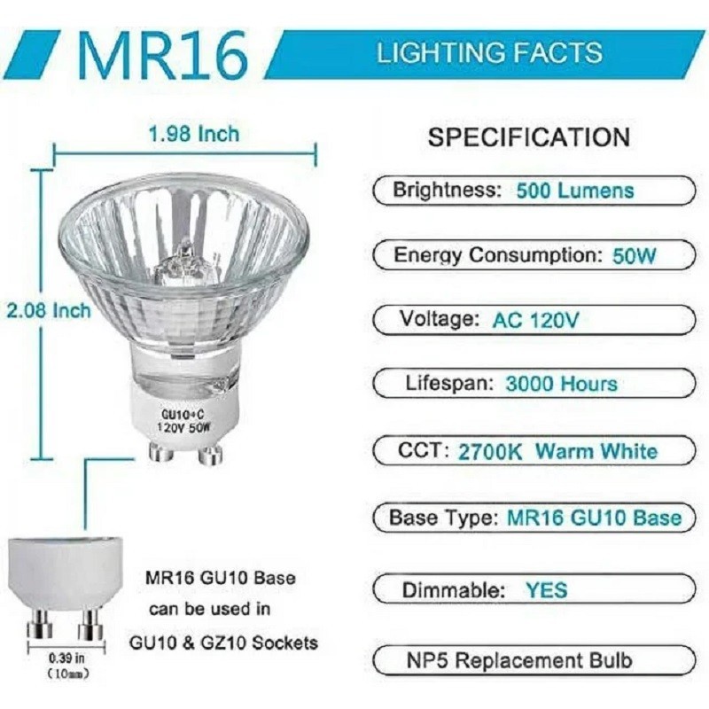 GU10 Halogen 50W Bulbs 1 Pack GU10+C 120V 50W With 2800k Warm White ...