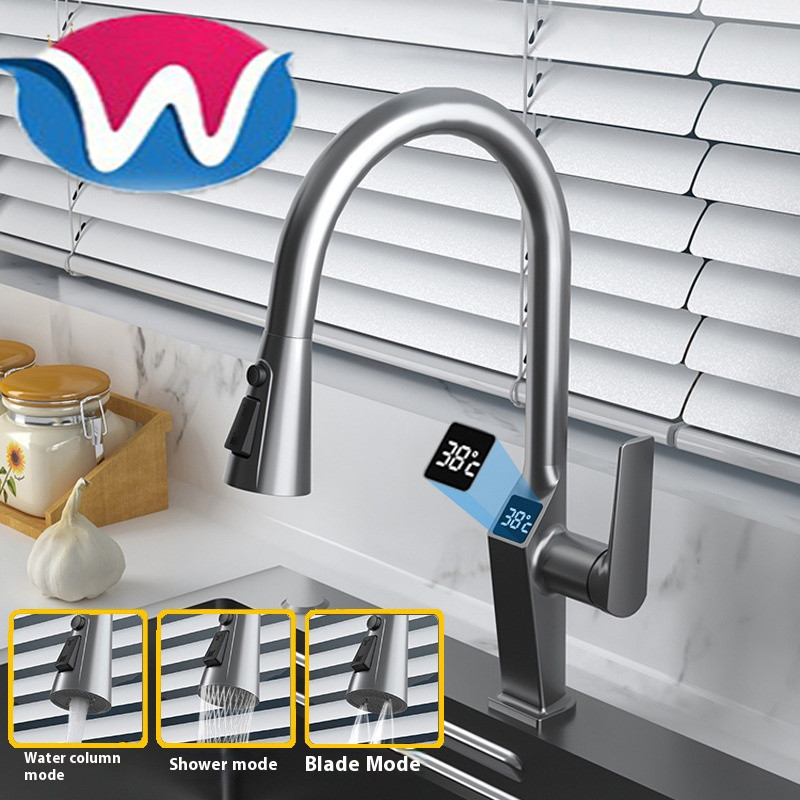 Pull-out Kitchen Tap Digital Display Faucet Flexible 304 Stainless ...