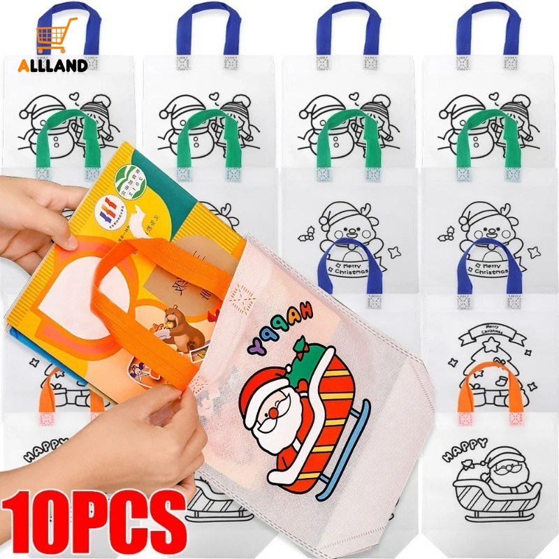 10Pcs Cartoon Christmas Graffiti Tote Bags Cute Reindeer Snowman Girl