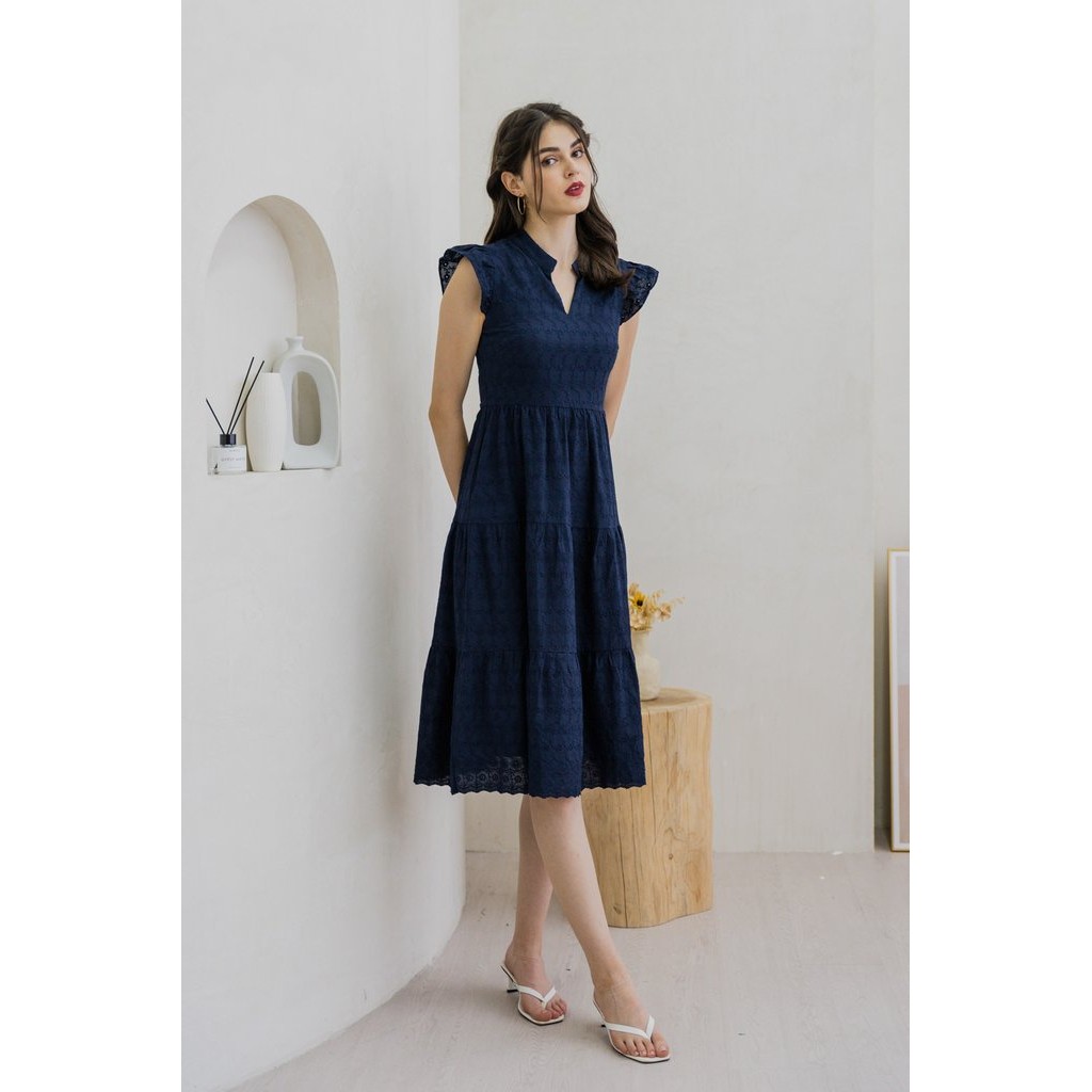 Alaina Mandarin Collar Eyelet Midi Dress In Navy