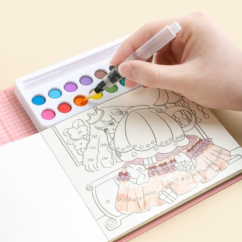儿童水彩填色本固体涂色可爱绘画本自带颜料涂鸦手绘diy画画本Children's watercolor coloring book solid ...