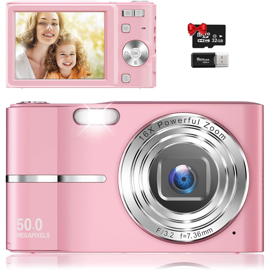 Upgrade Digital Camera, 56MP FHD 1080P For Kids With 16x Zoom Anti Shake, 32GB TF Card, Two Batteries, Lanyard, Compact Small For Boys Girls (Green
