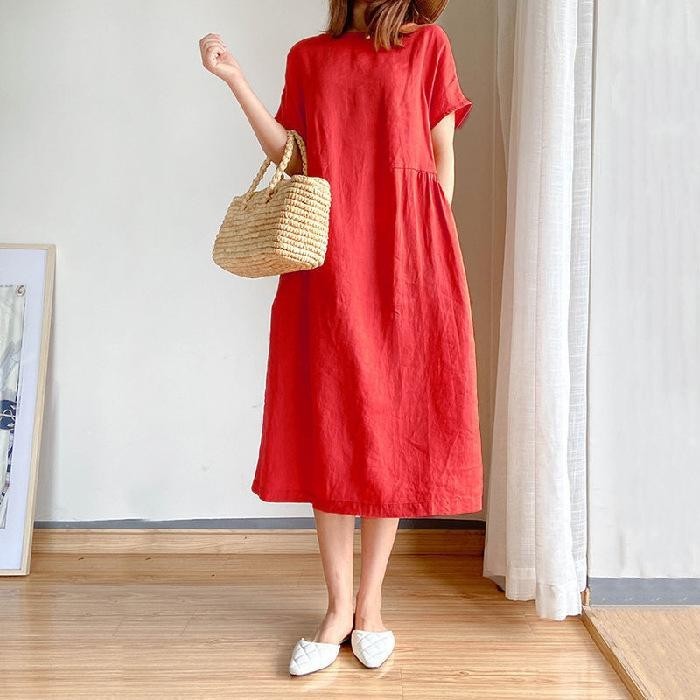 Cotton and Linen Plus Size Dress for Women, Loose Japanese Style Mid-length  Dress | Shopee Singapore