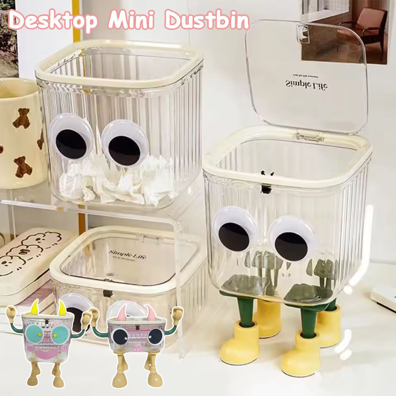 Cartoon Desktop Mini Dustbin Tabletop Storage Box with Lid Transparent ...