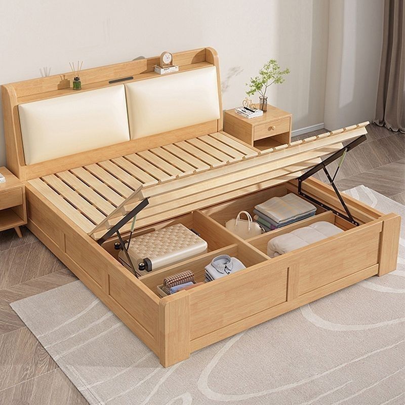 SG Leather And Solid Wood Bed Frame Wooden Bed Frame With Storage Bed ...