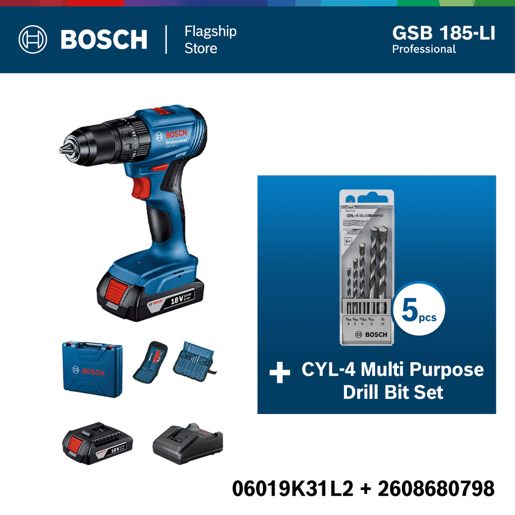 COMBO BOSCH GSB 185 LI Cordless Impact Drill 5 Piece CYL 4 Multi Purpose Drill Bit Set Shopee Singapore