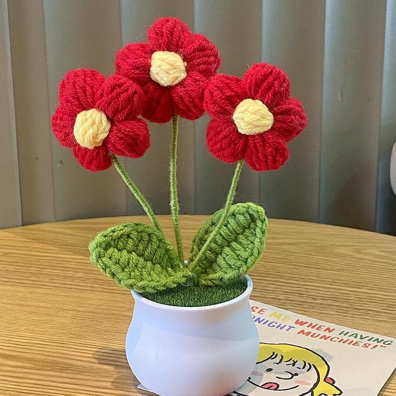 Blync Knitting Crochet Flowers Potted Plants, Fake Forget Me Not Flowers For Friends