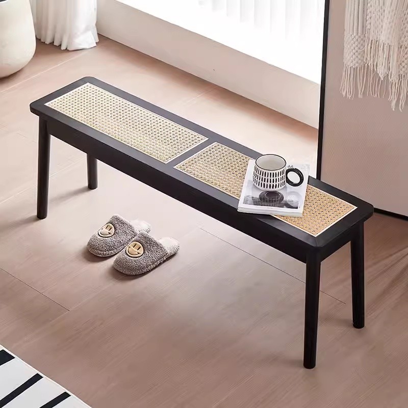 Nordic solid wood rattan long bench, bed end stool, ancient homestay ...