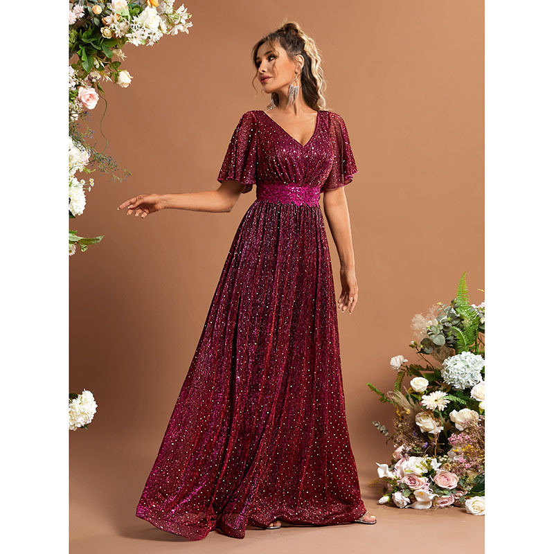 Women s Sequin V Neck Ruffle Sleeve Empire Waist Sparkly Glitter A Line Cocktail Formal Dresses Shopee Singapore