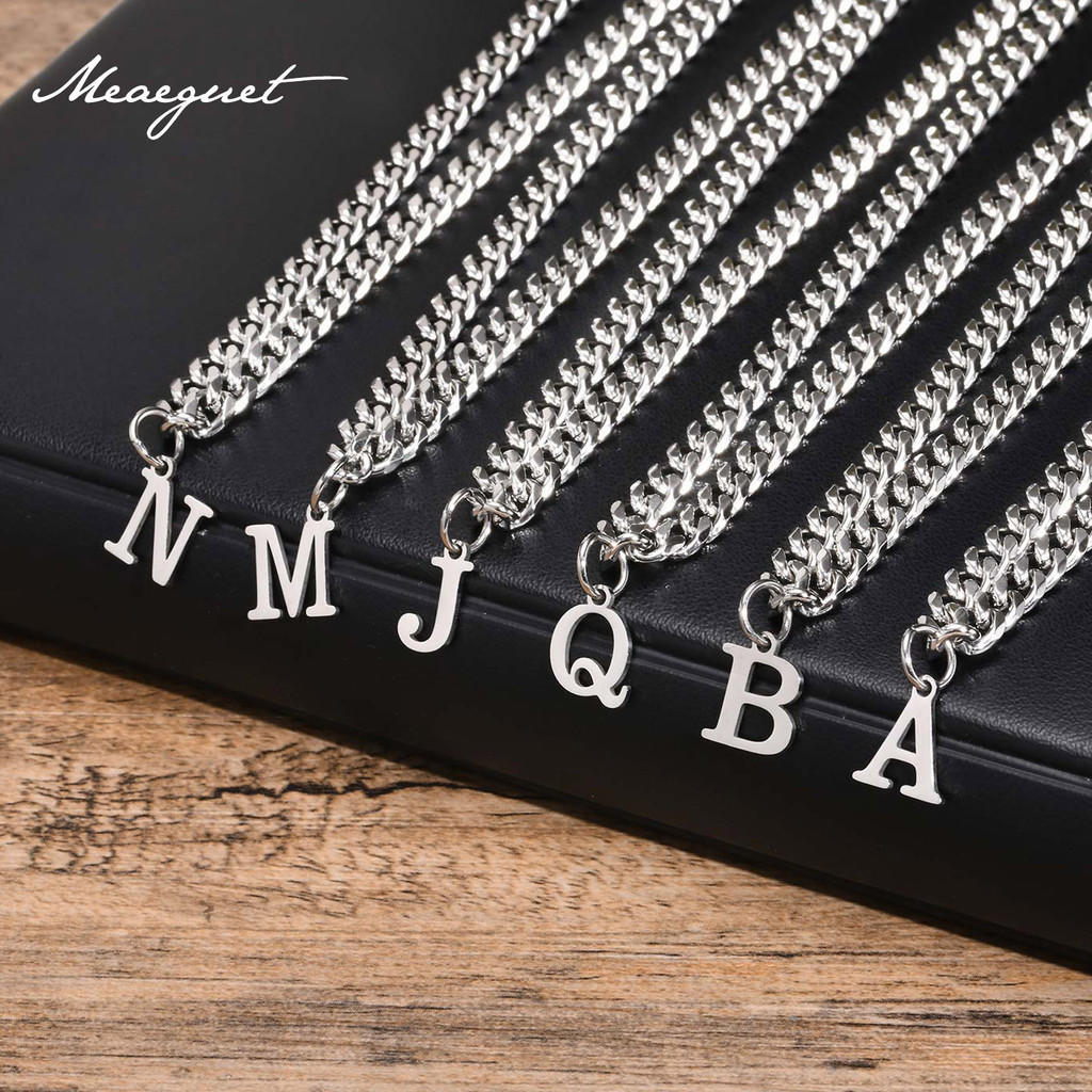 Meaeguet 5mm Stainless Steel Initial Necklace for Men, A-Z Letter