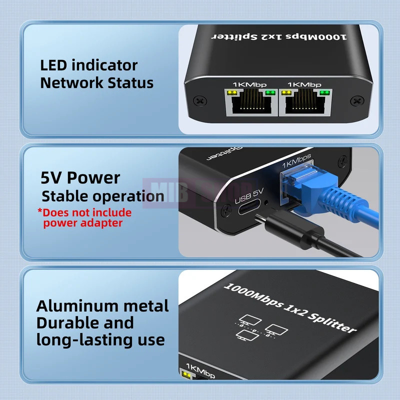 Network Splitter 1 to 2 1000Mbps Ethernet Splitter LAN Switch 2 Port ...