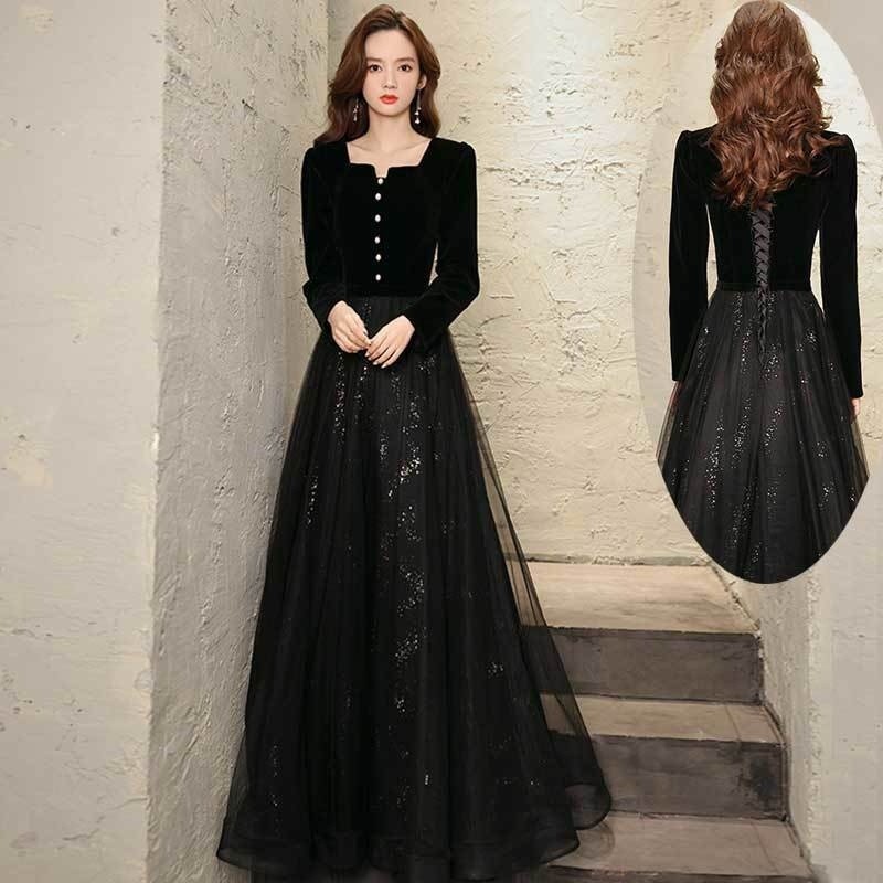 Customise Ladies Black Evening Dress Celebrity Party Dignified Evening Dress  Hostess Slim Fit Dinner Dress Muslim Long-sleeve Dress Masquerade Evening  Dresses Daily Dating Dress | Shopee Singapore