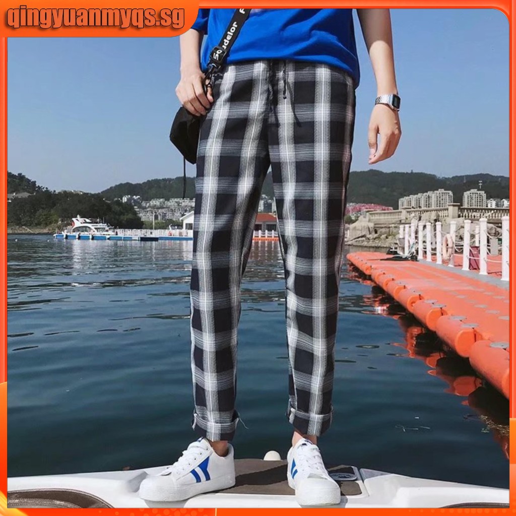 Men's Checkered Casual Pants Korean New Teens Ankle Trousers