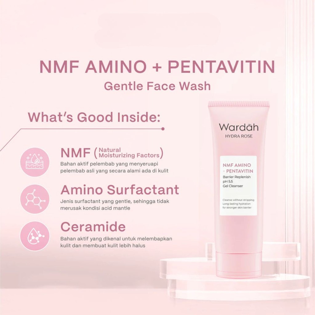 Wardah Hydra Rose NMF Amino + Pentavitin Barrier Replenish pH 5.5 Gel Cleanser 100 ml / Merah Jingga Official - Gambar 4