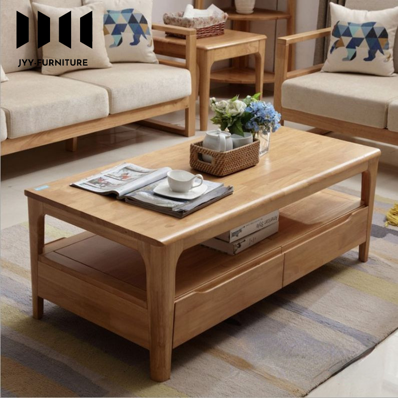Solid wood coffee table Nordic rectangular double layer with drawers ...