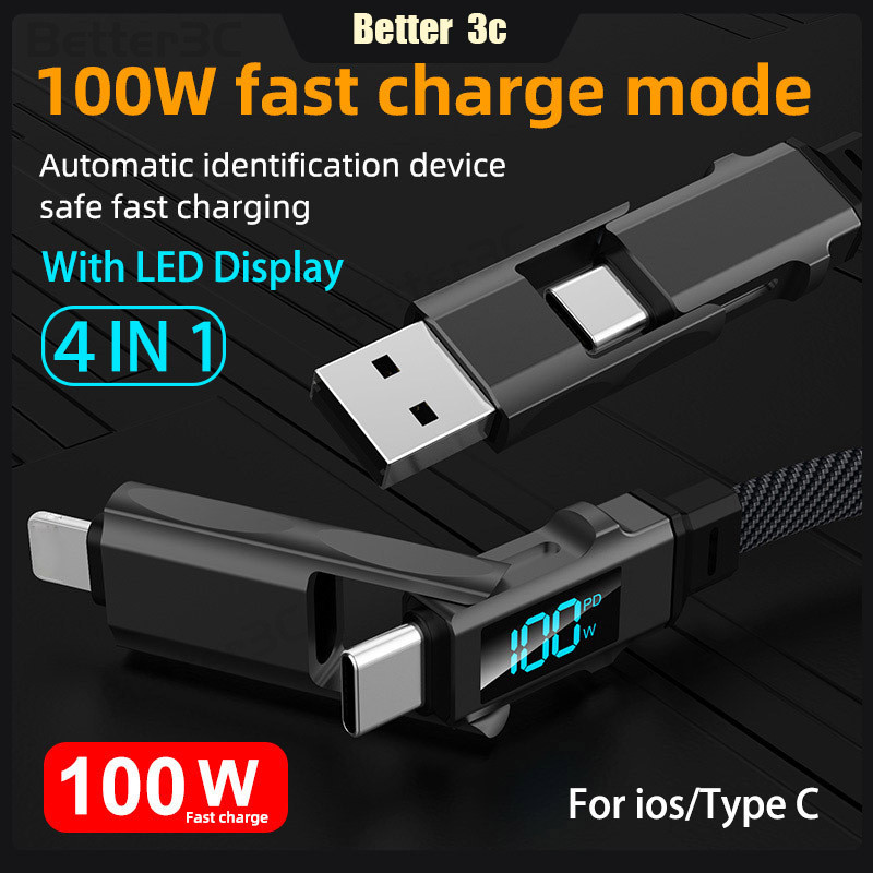 100W 4 in 1 digital display fast charging usb data cable for ios/type c ...