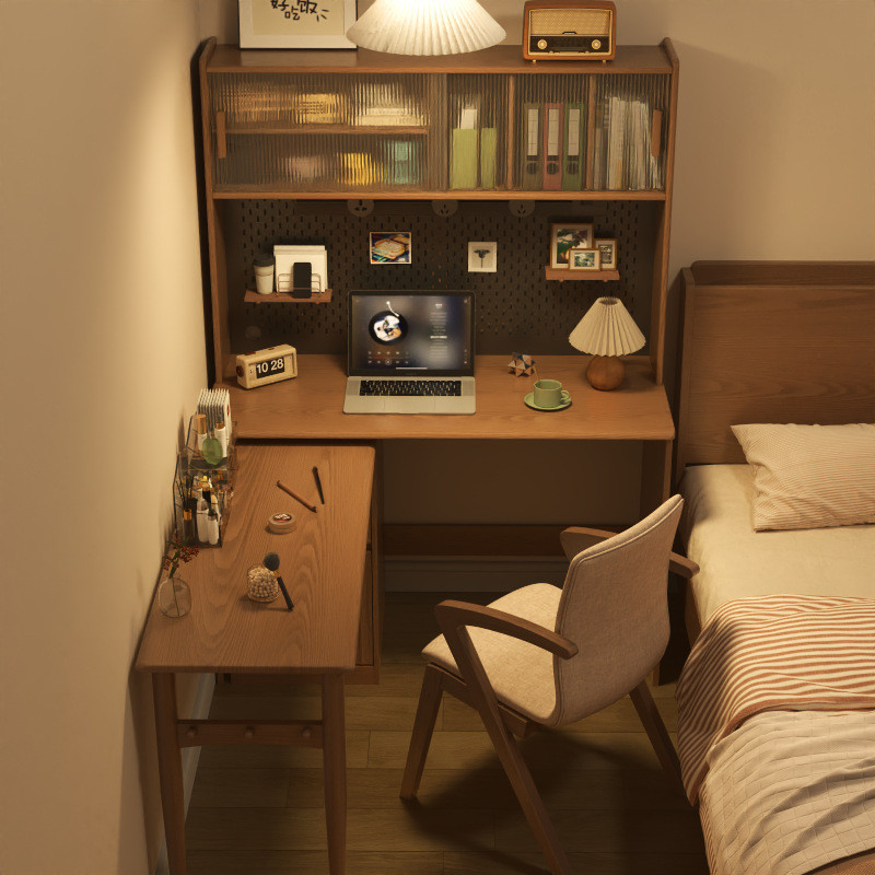 Study Table Solid Wood Rotating Desk Bookshelf Integrated Folding Home ...
