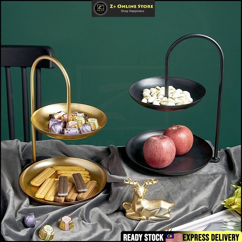 ZPLUS Gold Steel 2 Tiers High Tea Dessert Kuih Raya Cake Stand Fruit ...