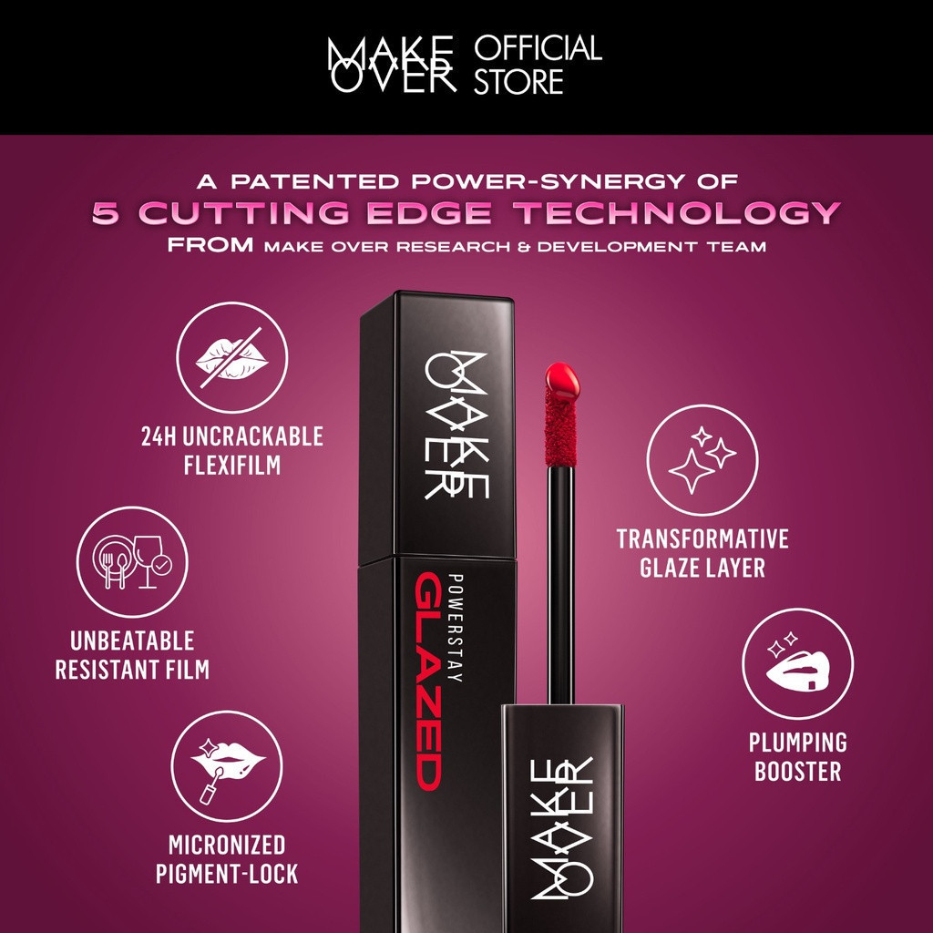 MAKE OVER Powerstay Glazed Lock Lip Pigment - Plump Glazed - Lip Gloss / Merah Jingga Official - Gambar 4