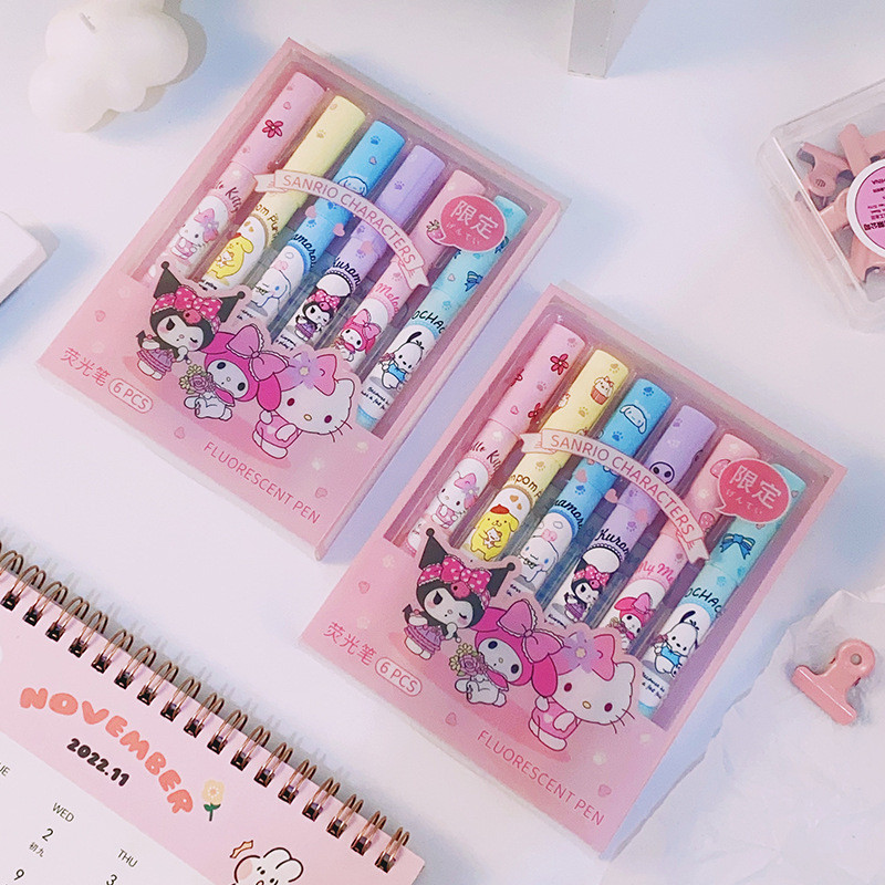 6Pcs Sanrio HelloKitty Highlighter Pen Set Kawaii Kuromi Melody ...