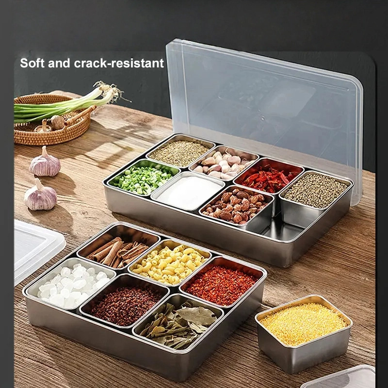 Stainless Steel Seasoning Box with Lid and Holder Tray, 6 Compartments ...