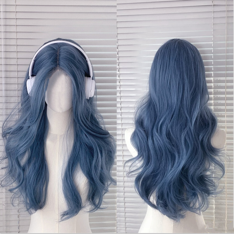 Japanese Style Blue Long Curly Wig with Bangs Lolita Cosplay Wig Synthetic High Temperature Fiber Hair Wig for Women Men Party Wear