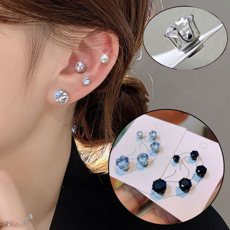 Magnetic Non-piercing Ear Clips Black and White Diamond Earrings Zircon ...