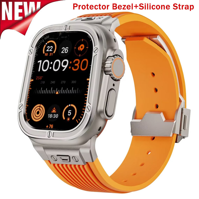 Metal 316L Stainless Steel Protector Bezel Silicone Sports Strap For Apple Watch Ultra 2 49mm For iWatch 49mm Replacement Accessories