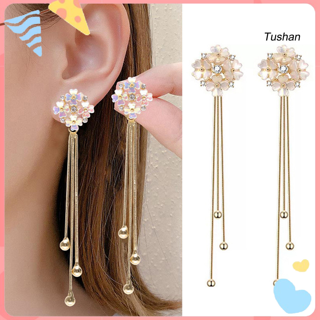 TUSH 1 Pair Women Hanging Earrings 3D Clover Shape Tassel Faux Crystal Electroplated Anti allergy Lightweight Ear Decoration Jewelry Party Prom Long