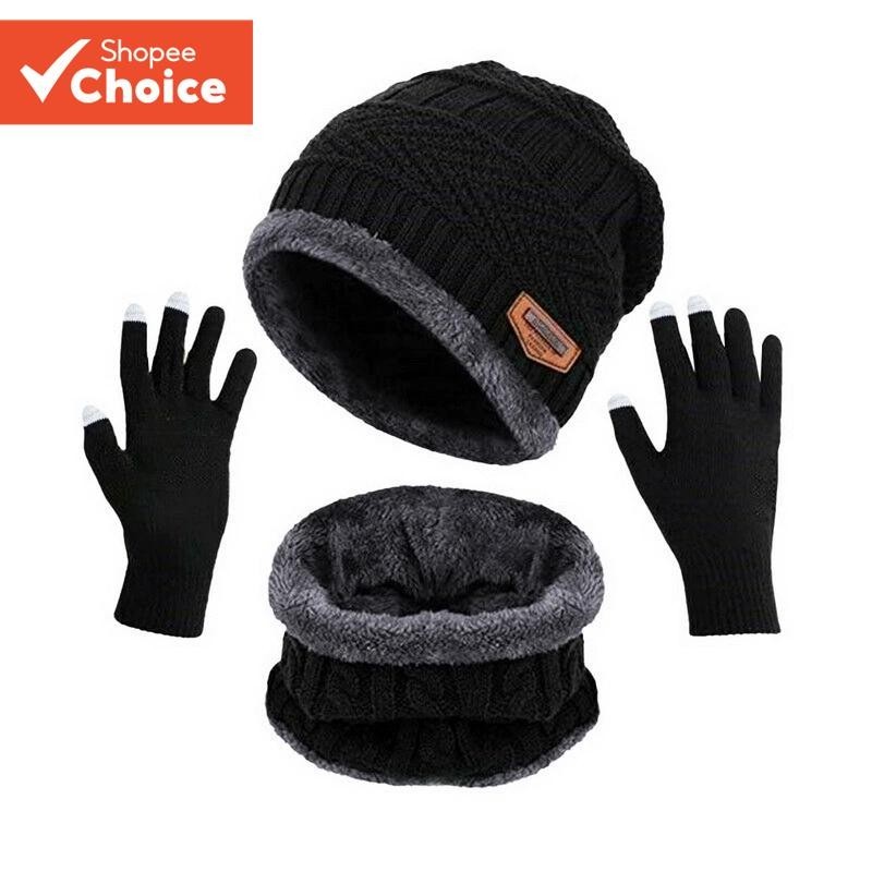 Winter Warm Wool Hat Set Beanie Scarf Touchscreen Gloves Unisex Thermal ...