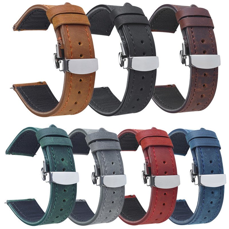 Crazy Horse Genuine Leather Watch Band 18mm 19mm 20mm 21 22mm 24mm Retro Cowhide Watch Strap Buttefly Buckle Wristband Shopee Singapore