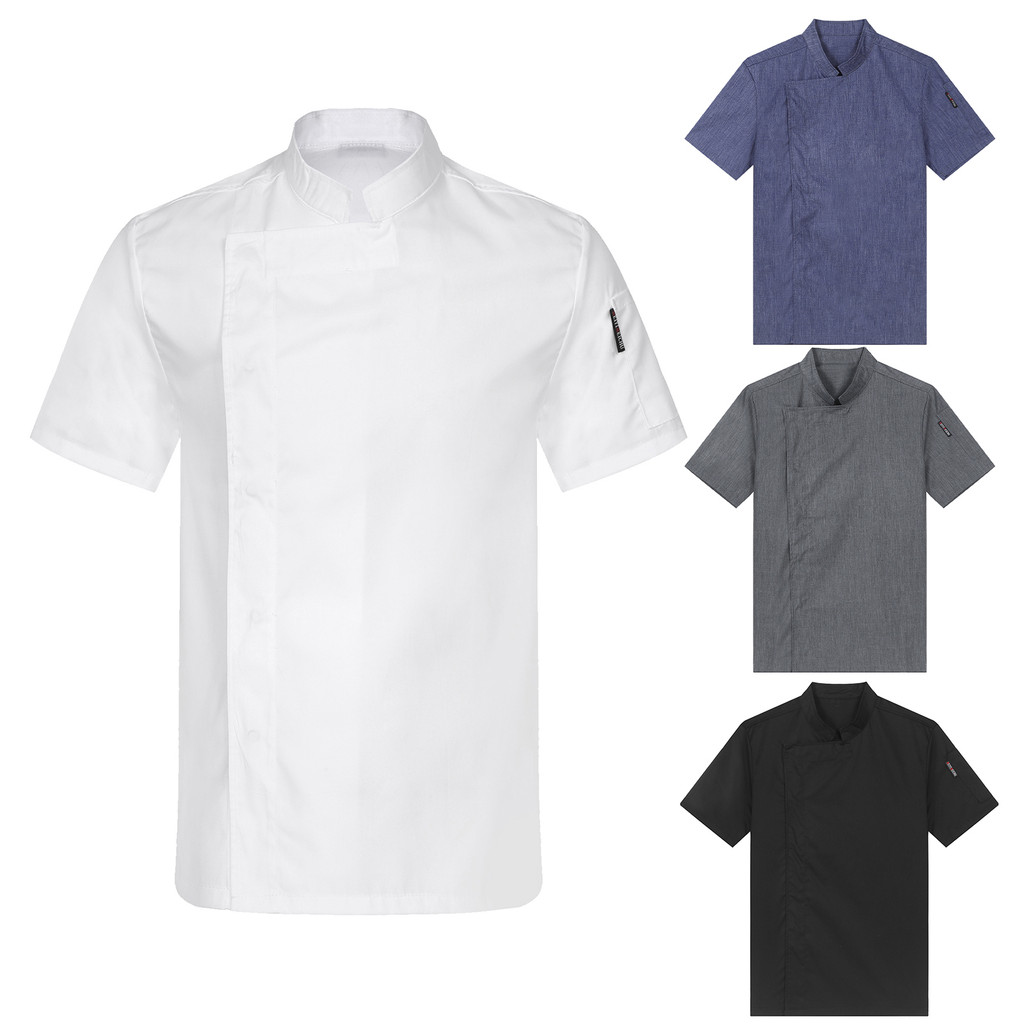 Lejafay Mens Womens Stand Collar Short Sleeve Chef Coat Solid Color ...