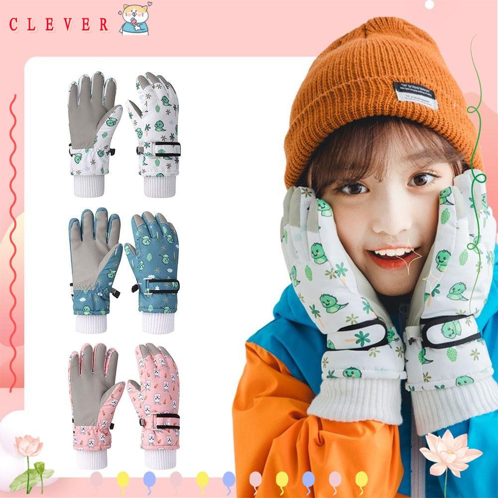 CLEVER Boys Girls Gloves Thickened Fleece Plush Skiing Snow Gloves Cartoon Windproof Winter Warm Waterproof Cycling Gloves Student Kids
