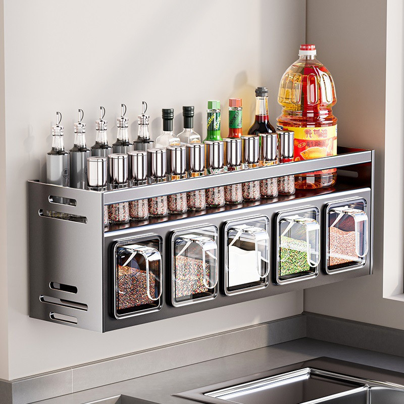 2 Tier Kitchen Rack Multi-function Storage Rack Free Drilling Seasoning ...