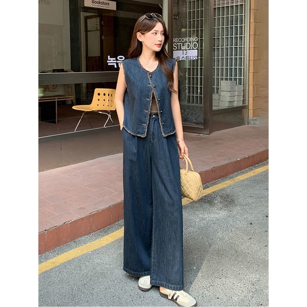 Women's Denim Set Piece Outfits Vintage Button Down Sleeveless