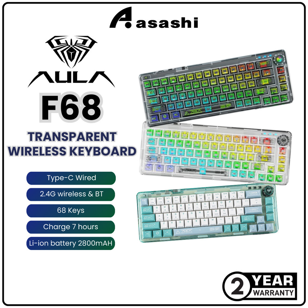 AULA F68 Transparent Mini Wireless Keyboard - 2.4Ghz/BTluetooth/USB-C ...