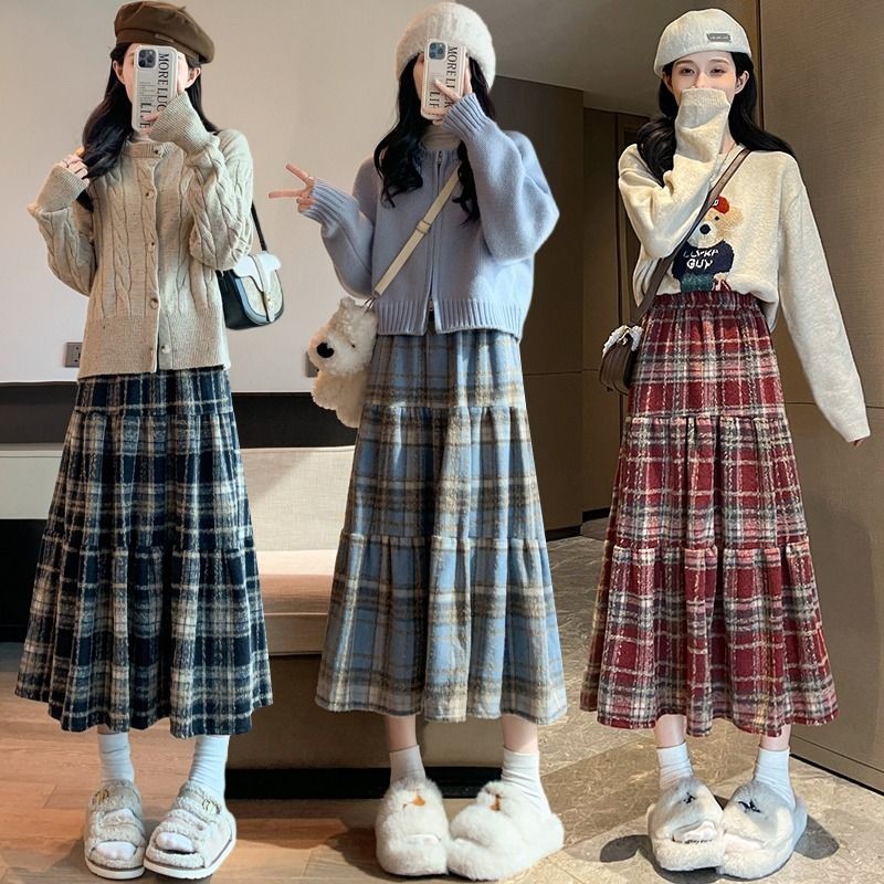 Woolen Plaid Skirt Women Autumn Winter Mid Length High Waist a Line Skirt Loose Thickened Pleated Cake Long Skirt 132sg 9 11