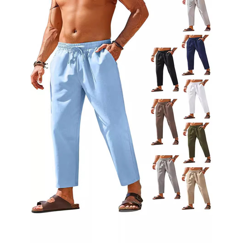 Men's Trousers Linen Straight Casual Pants Solid Color Elastic Waist ...